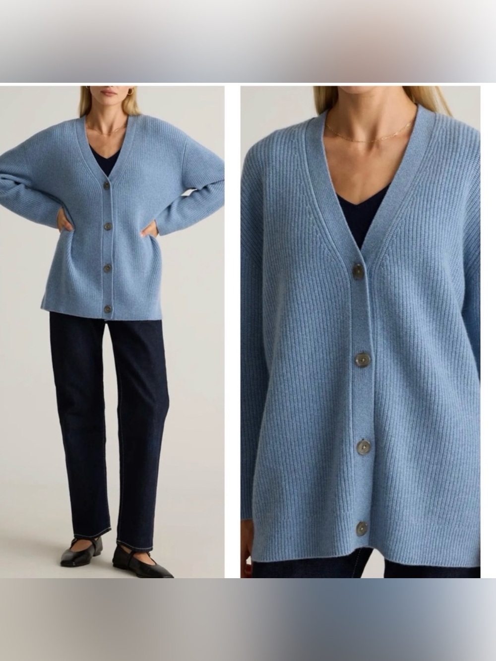 NWT Quince Mongolian Cashmere Oversized Boyfriend Cardigan in Faded Denim Size M